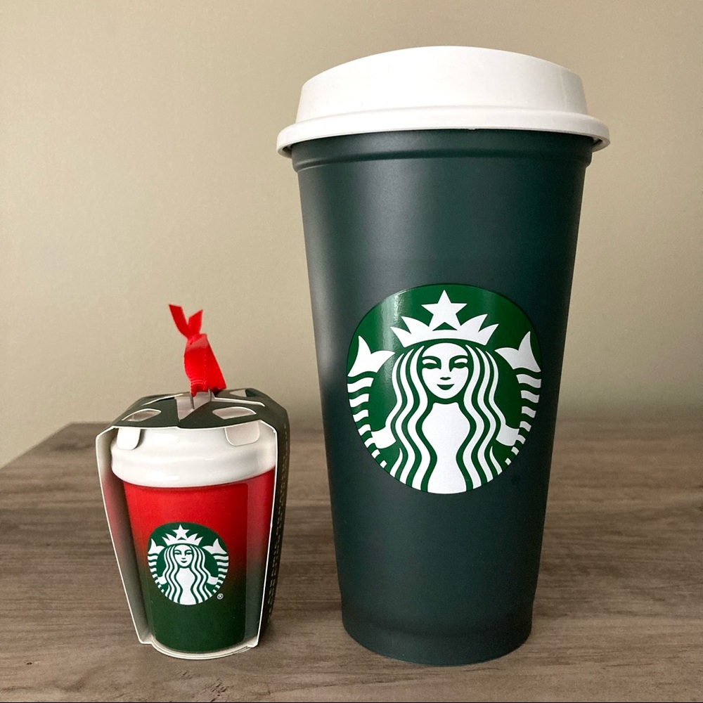 STARBUCKS Red and Green Ornament and Hot Cup Set